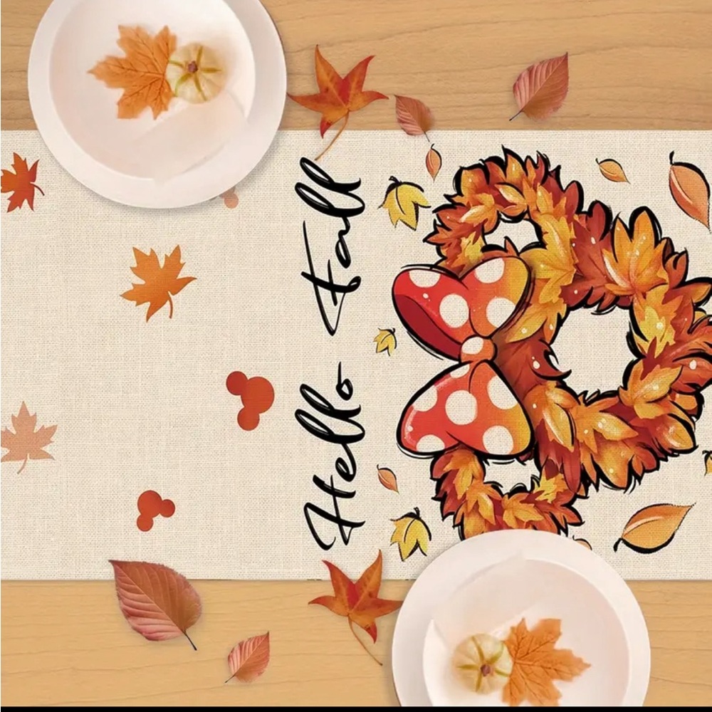 13x72 Table Runner Disney Minnie Mickey Mouse Fall Leaves Fabric Mantel scarf - Picture 4 of 5